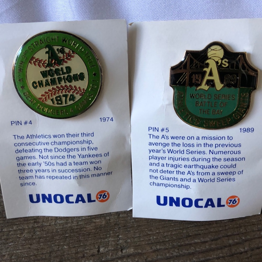 1974 & 1989 A’s pin world champions Unocal.